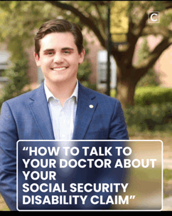 Young man in a suit with overlay text: “How to talk to your doctor about your Social Security disability claim”.